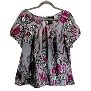 Lane Bryant Gray Floral Short-Sleeve Blouse with Magenta Accents